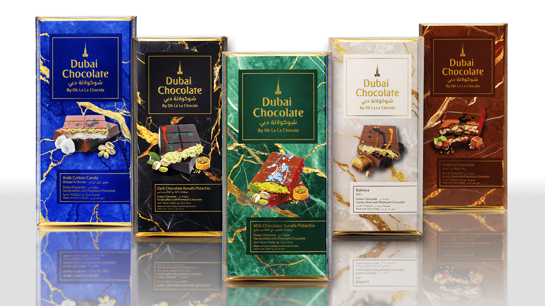 Luxury Dubai Chocolate Gift Pack – five handcrafted flavors including Baklava and Kunafa Pistachio.