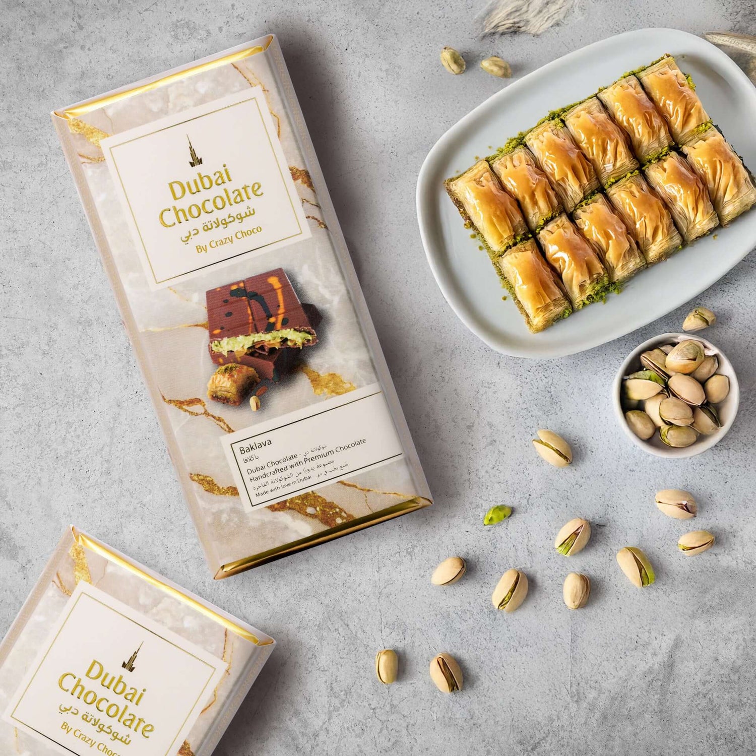 Premium Dubai chocolate with golden kunafa and pistachios, perfect for indulgence or gifting.